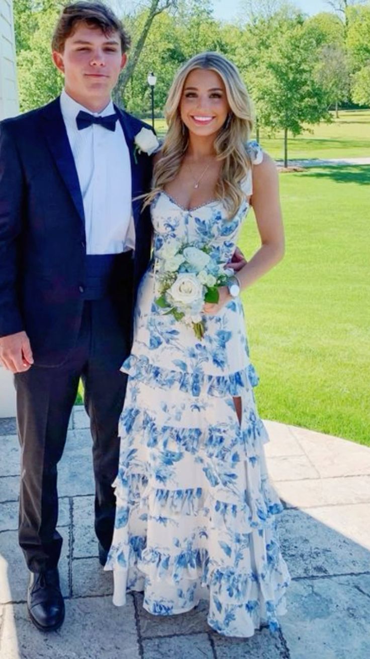 White Blue Floral A-Line Prom Dresses Long Evening Gown