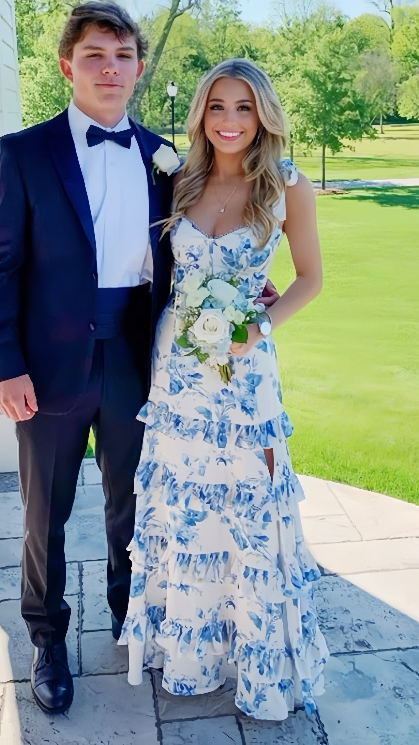 White Blue Floral A-Line Prom Dresses Long Evening Gown