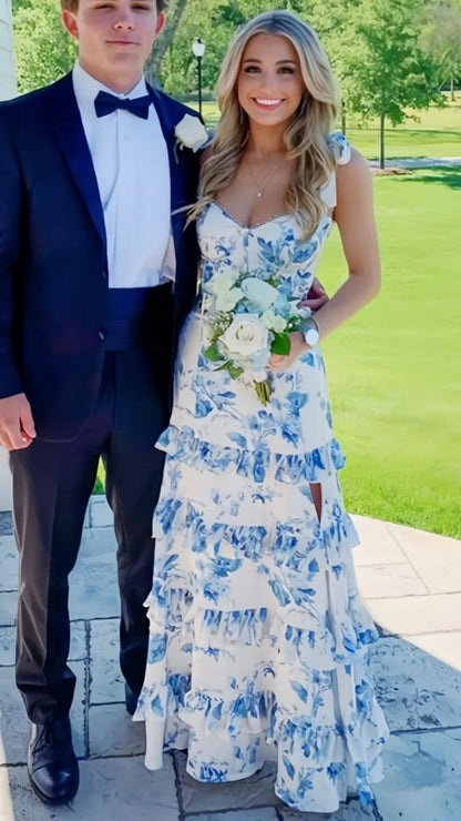 White Blue Floral A-Line Prom Dresses Long Evening Gown