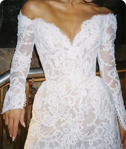 White Lace Bridal Dresses, Long Sleeves Mini Wedding Gown, LTP3422