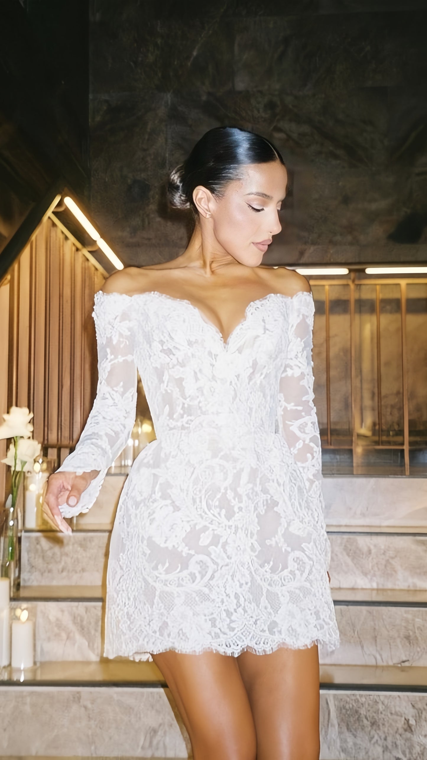 White Lace Bridal Dresses, Long Sleeves Mini Wedding Gown, LTP3422