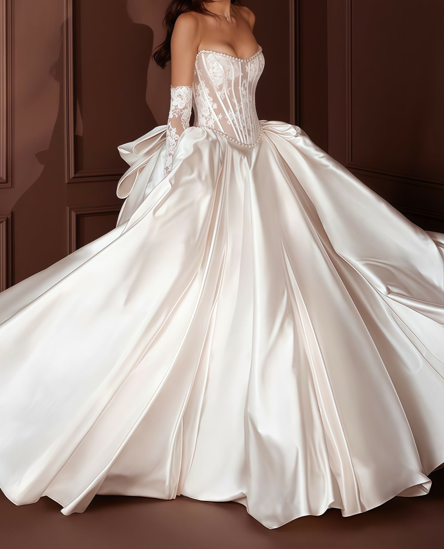 White Lace Pearl Beaded Wedding Dresses With Bowknot, LTP3475