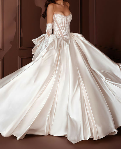 White Lace Pearl Beaded Wedding Dresses With Bowknot, LTP3475
