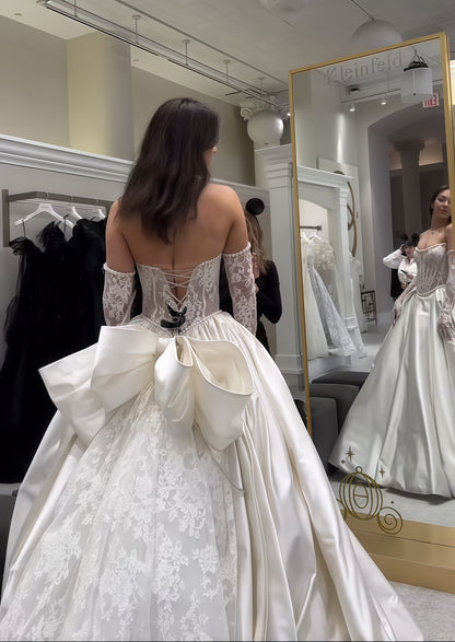 White Lace Pearl Beaded Wedding Dresses With Bowknot, LTP3475
