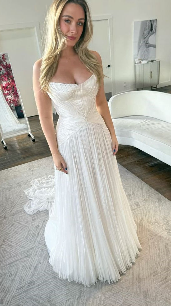 White Pleated Chiffon Long Wedding Dresses,LTP4237