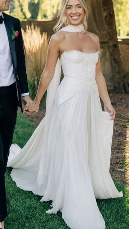 White Pleated Chiffon Long Wedding Dresses,LTP4237