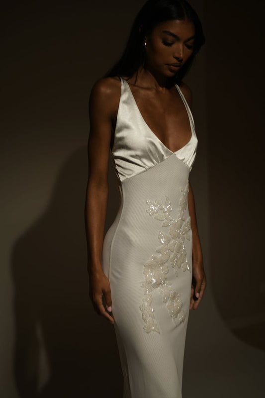 White V-neck mermaid prom dress long formal evening gown front view