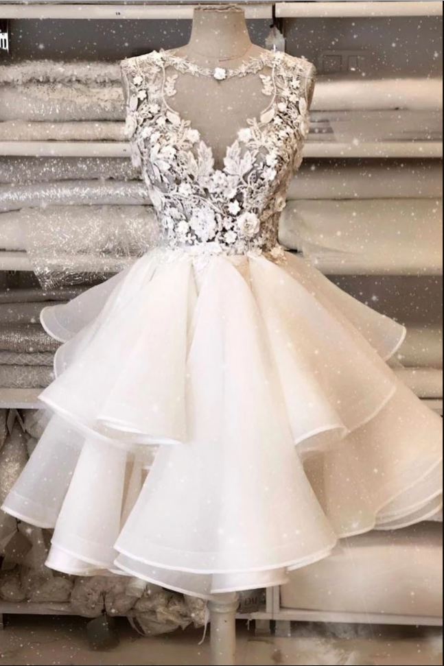 White tulle lace short homecoming dress with romantic details and elegant silhouette