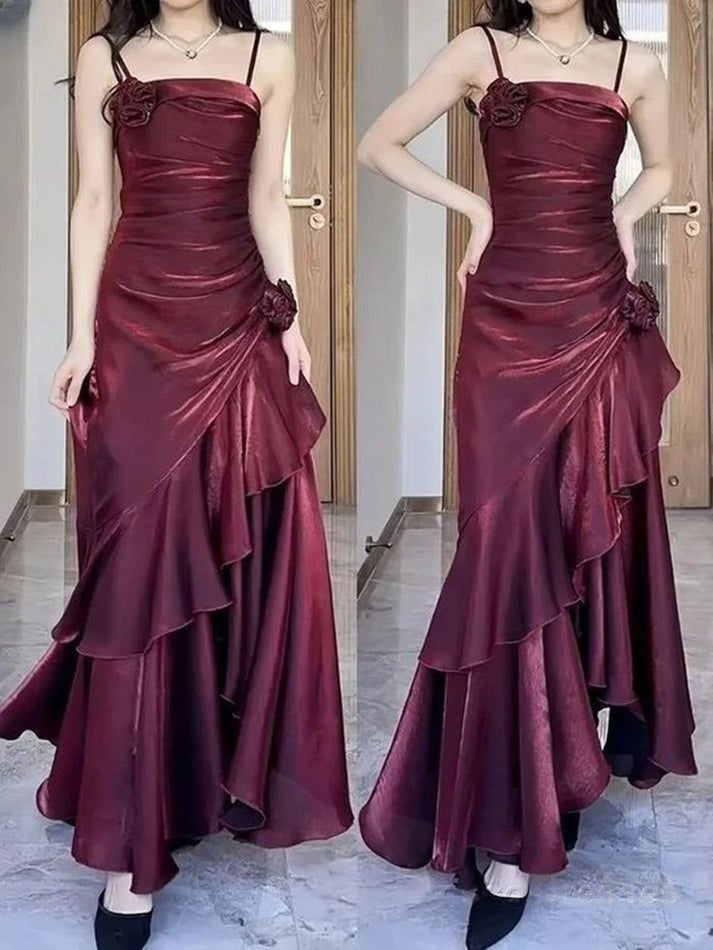 Wine Red Satin Long Straps Prom Dress Wine Red A-line Party Dress,LTP4422