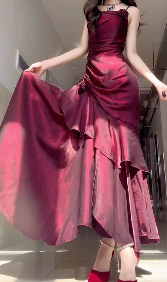 Wine Red Satin Long Straps Prom Dress Wine Red A-line Party Dress,LTP4422