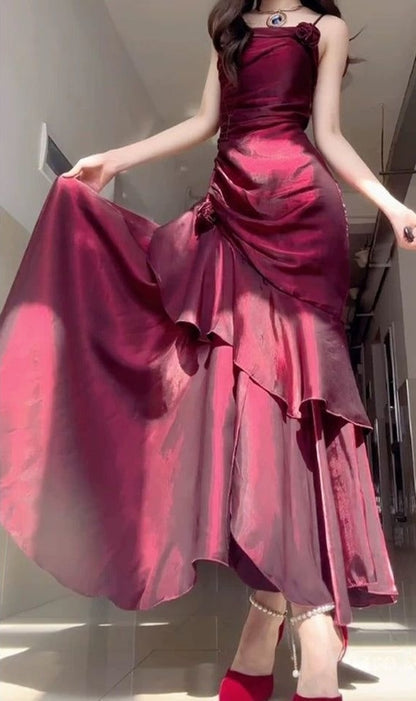 Wine Red Satin Long Straps Prom Dress Wine Red A-line Party Dress,LTP4422