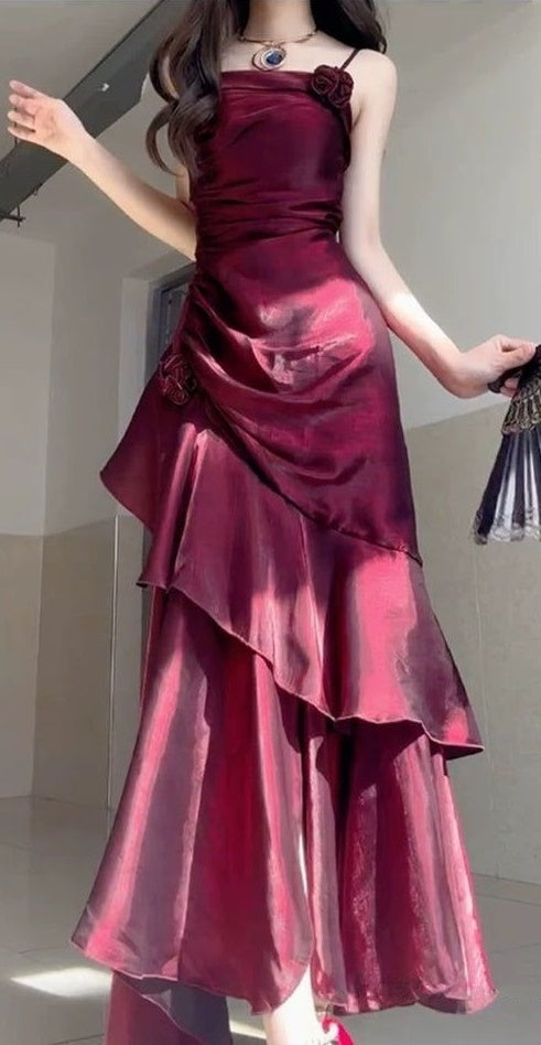 Wine Red Satin Long Straps Prom Dress Wine Red A-line Party Dress,LTP4422