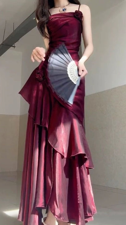 Wine Red Satin Long Straps Prom Dress Wine Red A-line Party Dress,LTP4422