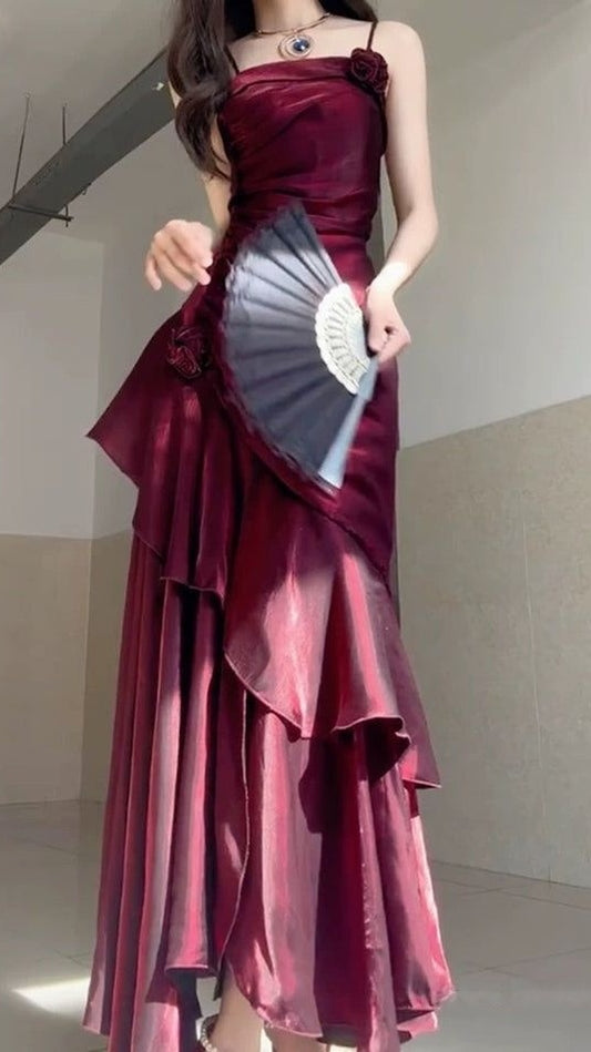 Wine Red Satin Long Straps Prom Dress Wine Red A-line Party Dress,LTP4422