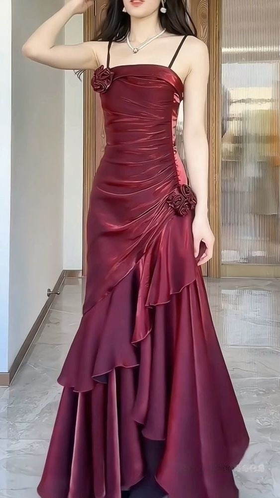 Wine Red Satin Long Straps Prom Dress Wine Red A-line Party Dress,LTP4422
