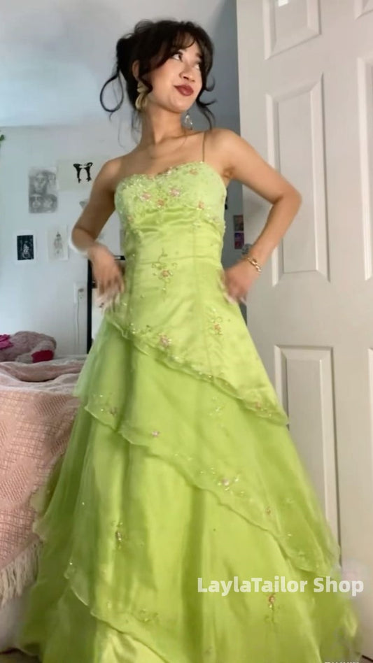 Y2K Green Beaded Ruffle Prom Dresses Long Senior Formal Dress,LTP3649
