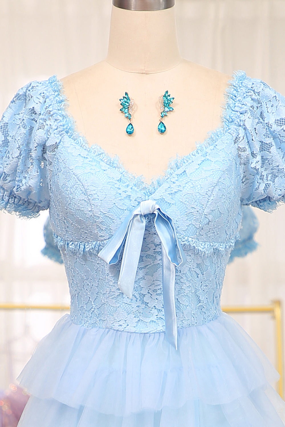Short Sleeves Blue Lace and Tulle Tiered Dress