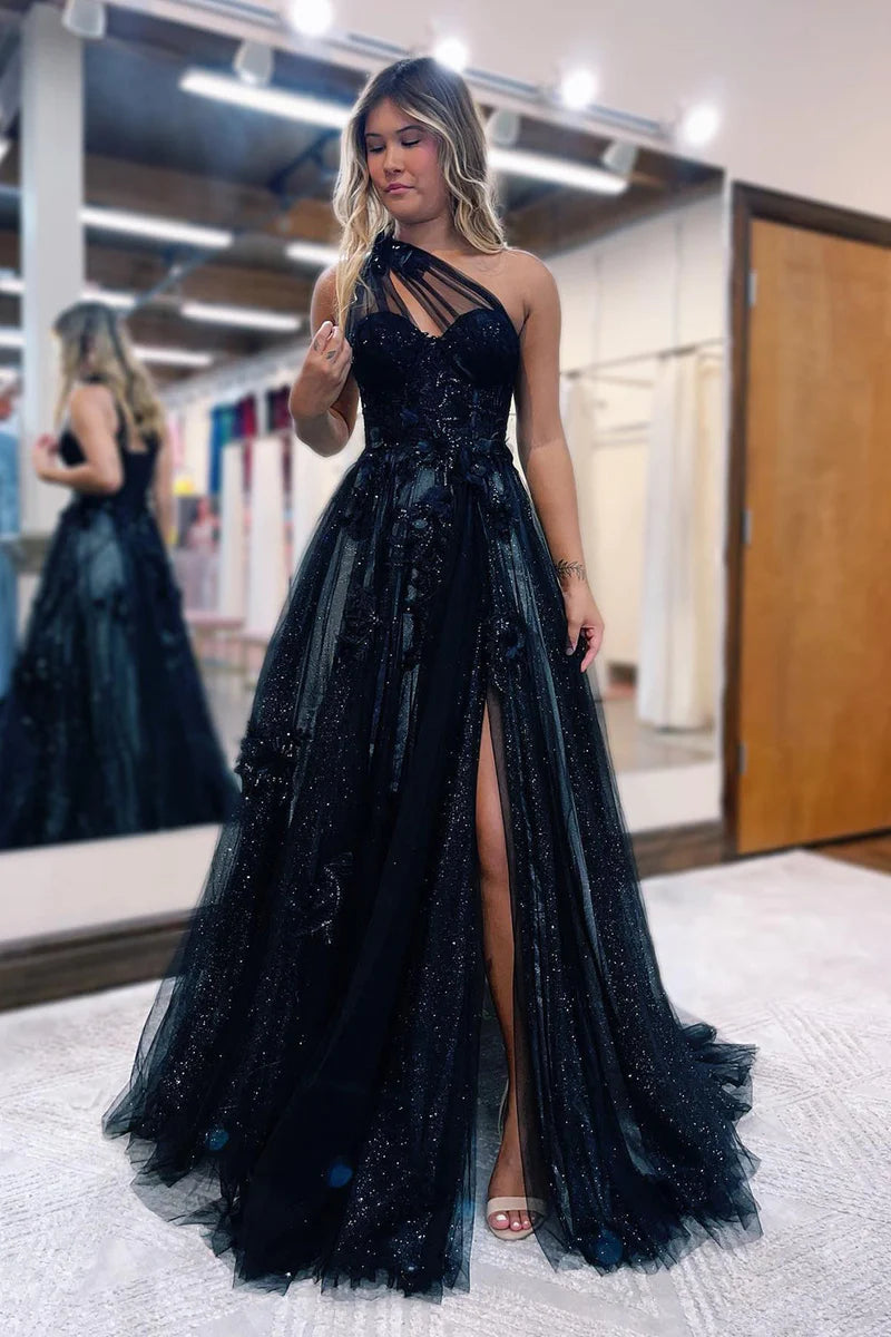 Black One Shoulder Floral Prom Dresses, Preppy Prom Dresses 2024 – Laylatailor Shop