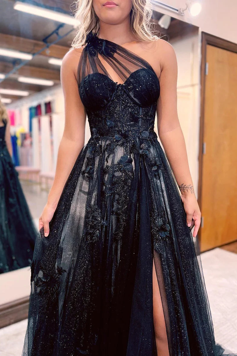 Black One Shoulder Floral Prom Dresses, Preppy Prom Dresses 2024 Laylatailor Shop Black One Shoulder Floral Prom Dresses, Preppy Prom Dresses 2024 Laylatailor Shop