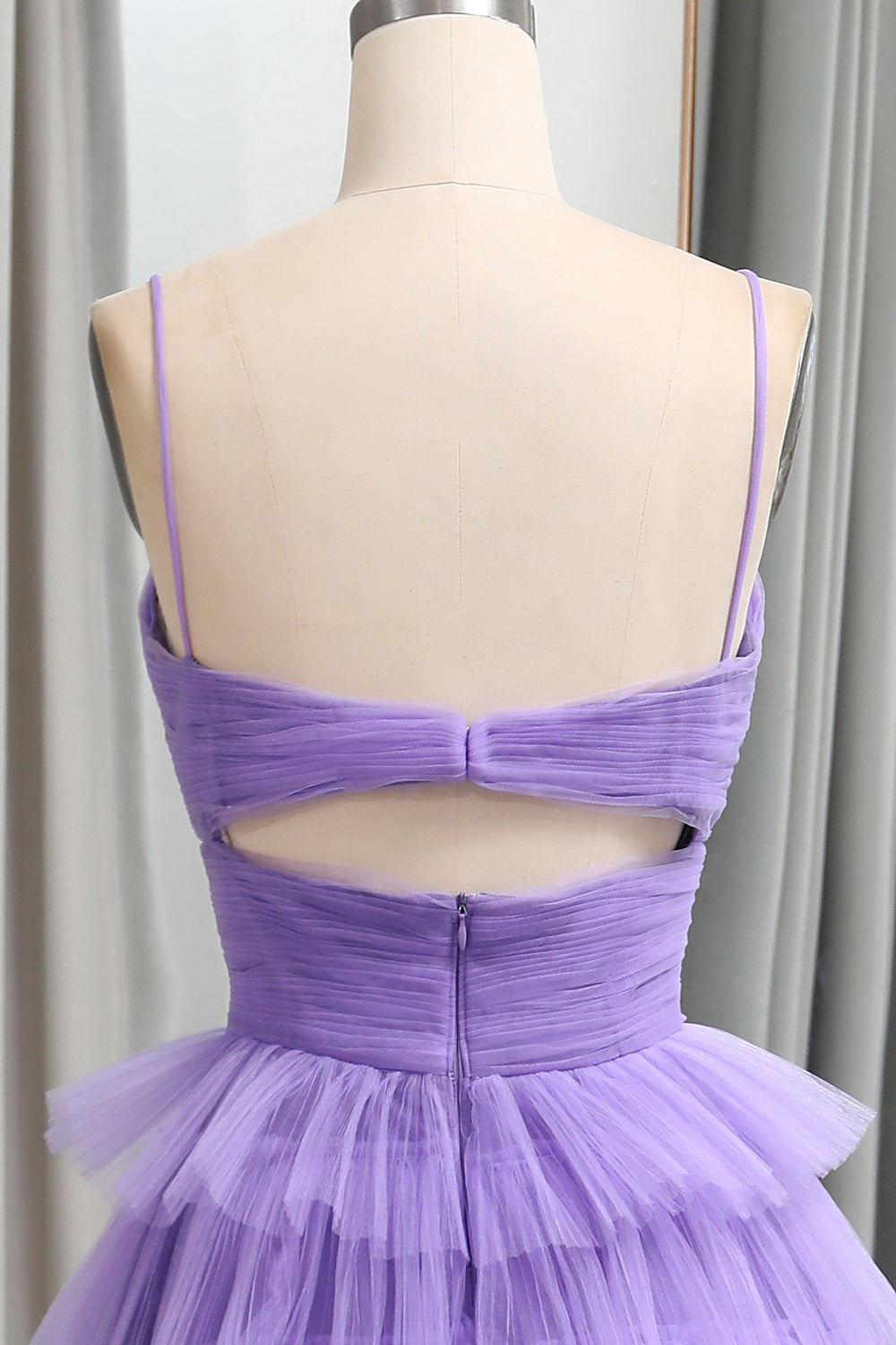 Straps Light Purple Tulle Ruffle A-line Long Prom Dress