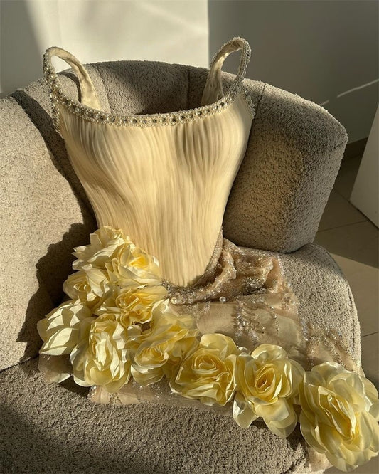 Yellow 3D Flowers Homecoming Dress, Luxury Beaded Party Gown, LTP3727