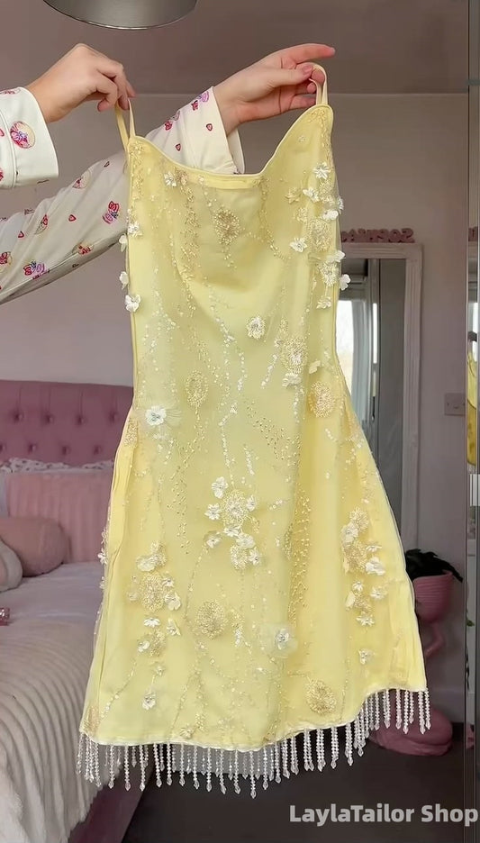 Yellow Floral Beaded Homecoming Dresses With Tassel Hem