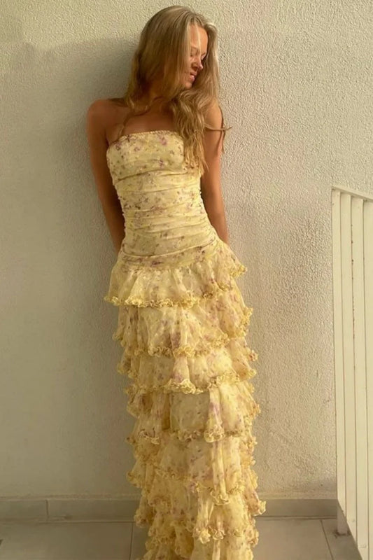 Yellow Floral Long Dots Chiffon Party Dress Wedding Guest Dress,LTP3682