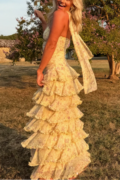 Yellow Floral Long Dots Chiffon Party Dress Wedding Guest Dress,LTP3682