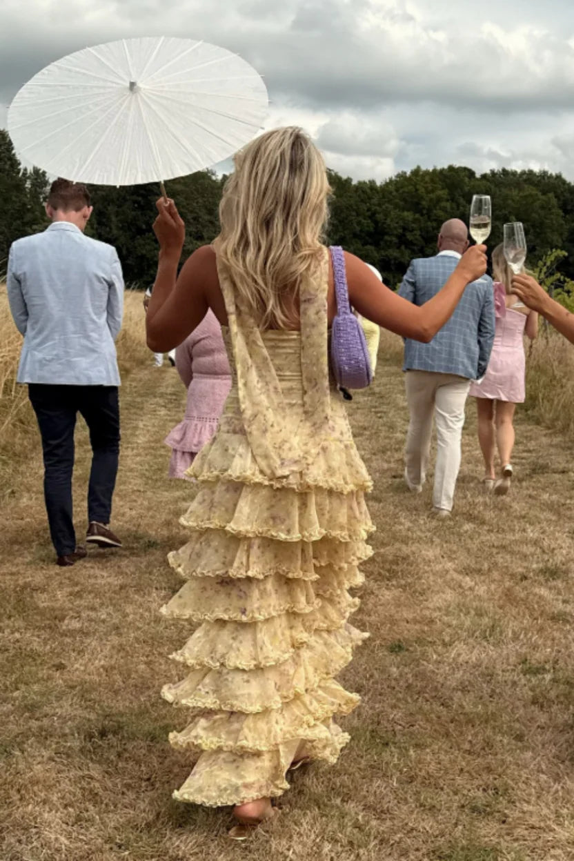 Yellow Floral Long Dots Chiffon Party Dress Wedding Guest Dress,LTP3682