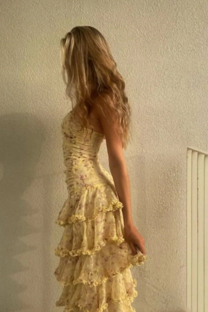 Yellow Floral Long Dots Chiffon Party Dress Wedding Guest Dress,LTP3682