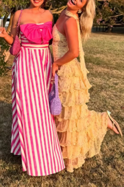 Yellow Floral Long Dots Chiffon Party Dress Wedding Guest Dress,LTP3682