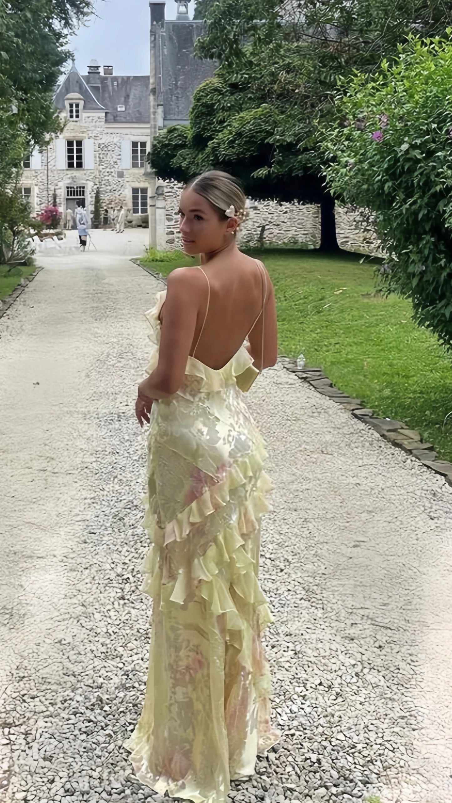 Yellow Floral Slim V-Neck Long Prom Dresses Spaghetti Straps Evening Party Dress,LTP4050