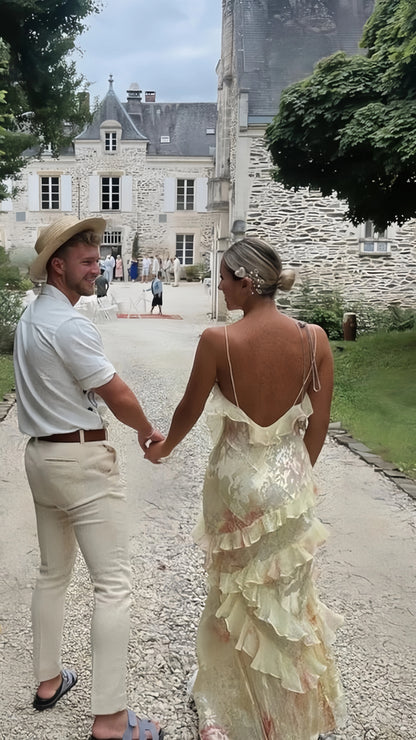 Yellow Floral Slim V-Neck Long Prom Dresses Spaghetti Straps Evening Party Dress,LTP4050