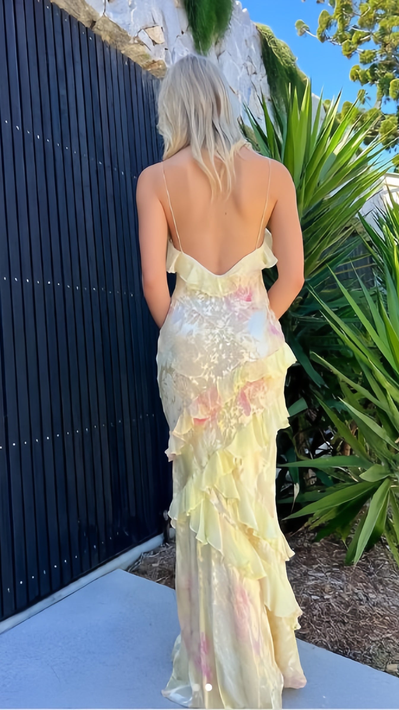 Yellow Floral Slim V-Neck Long Prom Dresses Spaghetti Straps Evening Party Dress,LTP4050