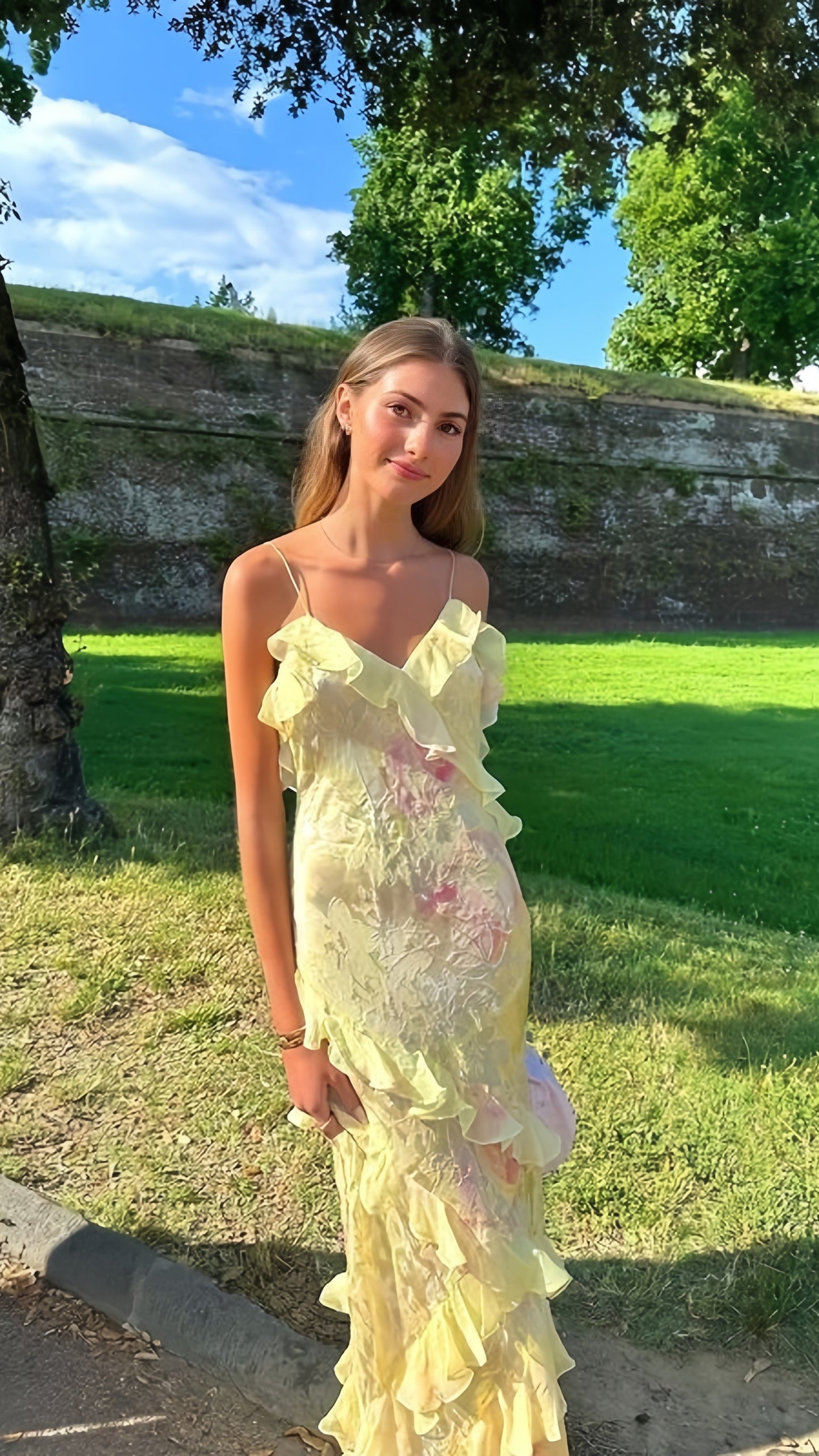 Yellow Floral Slim V-Neck Long Prom Dresses Spaghetti Straps Evening Party Dress,LTP4050