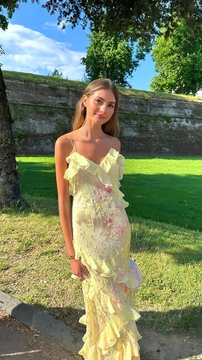 Yellow Floral Slim V-Neck Long Prom Dresses Spaghetti Straps Evening Party Dress,LTP4050