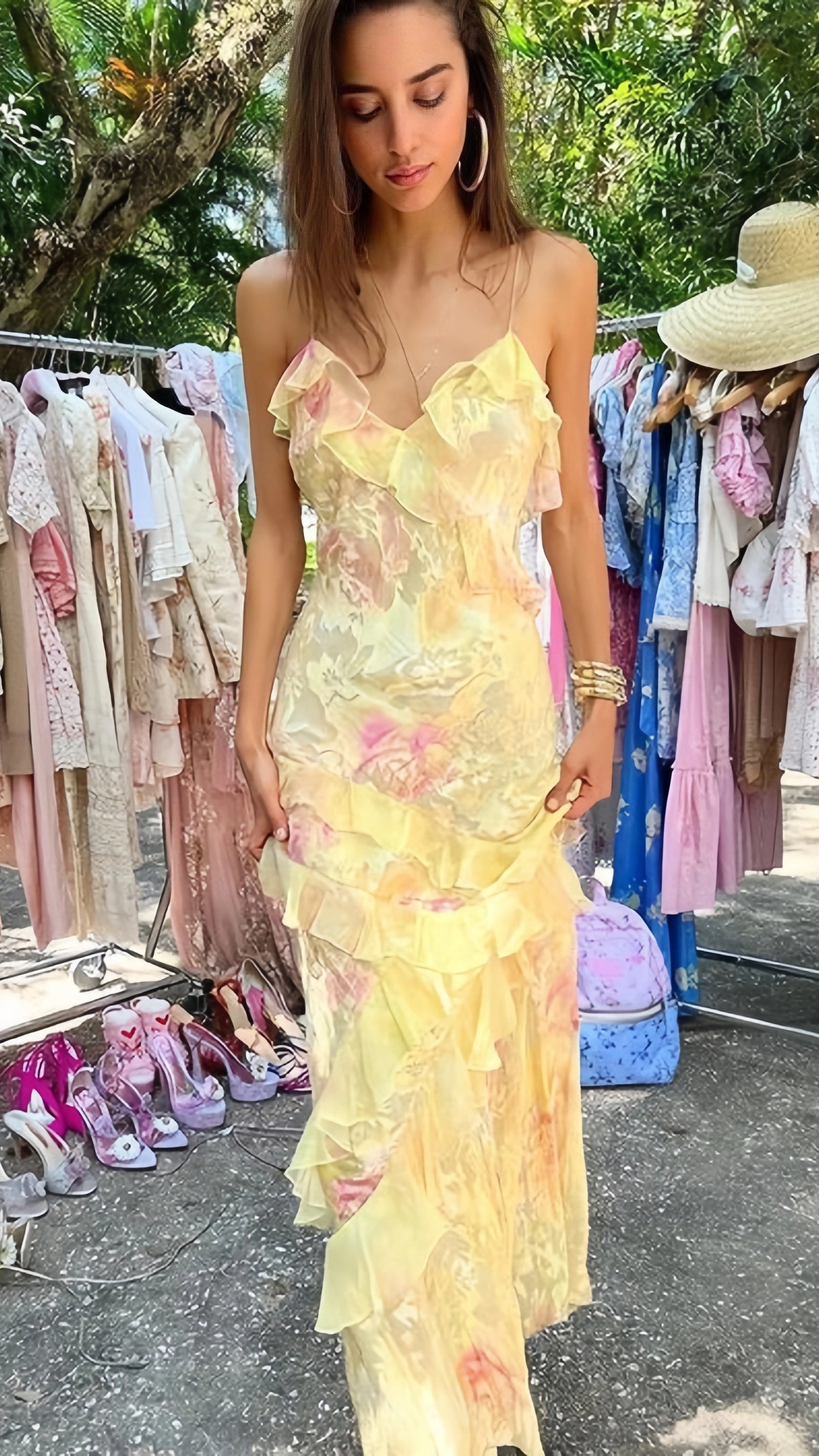 Yellow Floral Slim V-Neck Long Prom Dresses Spaghetti Straps Evening Party Dress,LTP4050