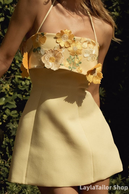 Yellow Floral Spring Party Dress Halter Back To School Dresses