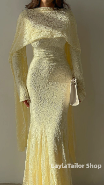 Yellow Lace Bodycon Prom Dresses Long Sleeves Mermaid Party Gown With Shawl,LTP4591