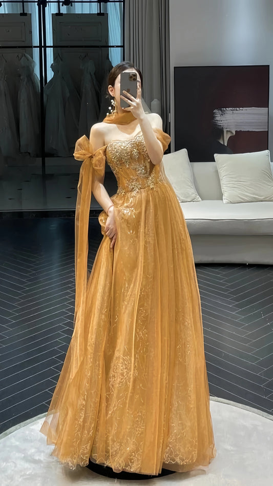 Yellow Lace Prom Dresses Full Length Beaded Evening Party Dress,LTP4085