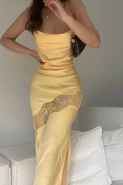 Fast Delivery Yellow Lace Sheath Long Prom Dresses