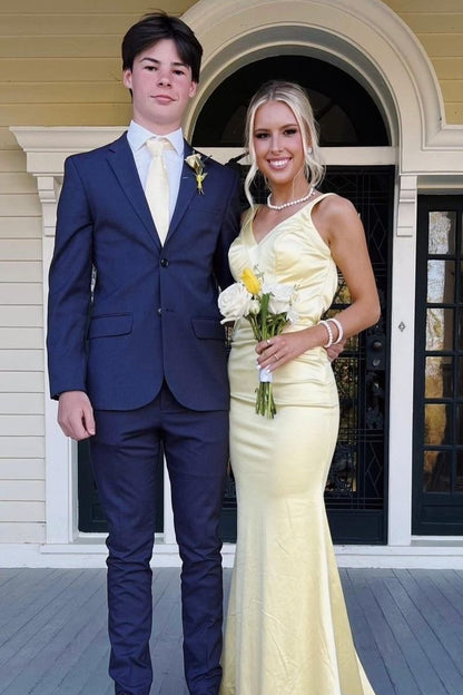 Yellow Mermaid Satin Long Prom Dresses Backless Evening Party Dress,LTP4105