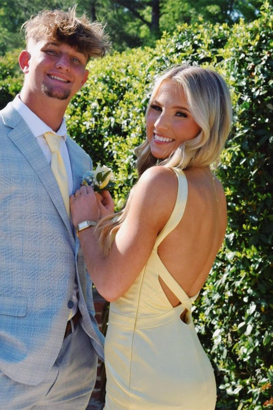 Yellow Mermaid Satin Long Prom Dresses Backless Evening Party Dress,LTP4105