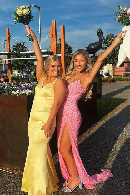 Yellow Mermaid Satin Long Prom Dresses Backless Evening Party Dress,LTP4105