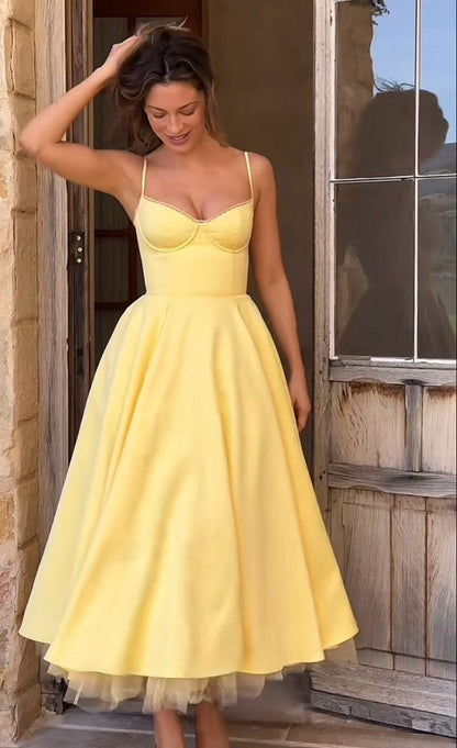 Yellow Prom Dresses Spaghetti Straps Party Dress A-line Senior Prom Dress,LTP4369