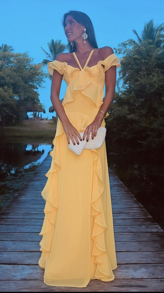 Yellow Ruffle Chiffon Prom Dresses, Halter Off The Shoulder Evening Gown, LTP3527