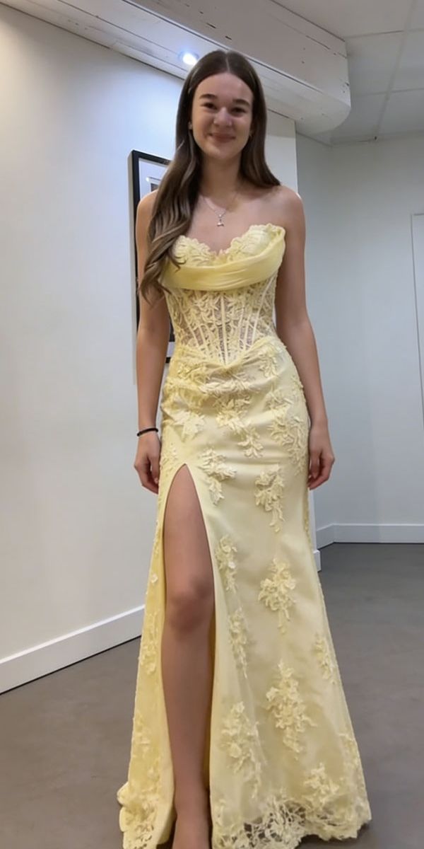 Yellow Sweetheart Lace Mermaid Senior Prom Dresses Custom Made Party Dress,LTP4389