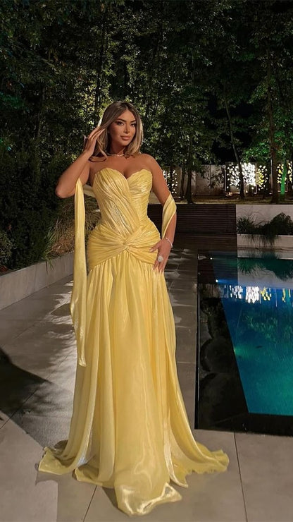 Yellow Sweetheart Mermaid Prom DressesPleated Organza Formal Night Dress,LTP4351