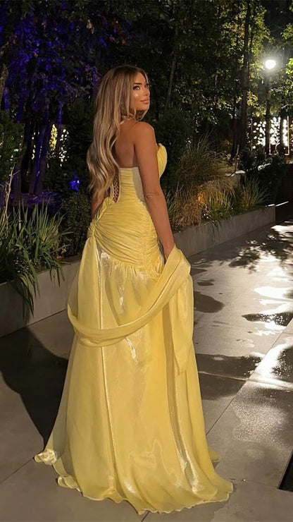 Yellow Sweetheart Mermaid Prom DressesPleated Organza Formal Night Dress,LTP4351