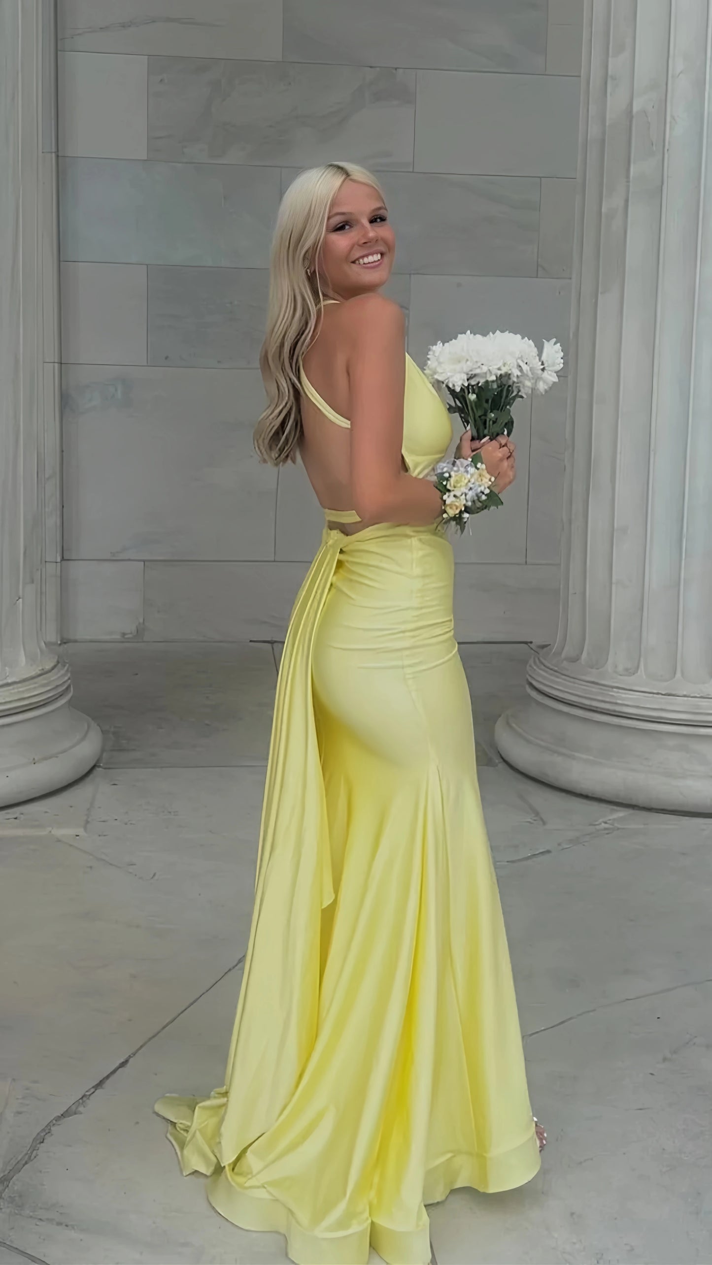 Yellow V-Neck Mermaid Prom Dresses Long Evening Party Dress With Cross Back,LTP4104